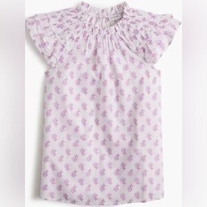 J Crew Flutter Sleeve, Crewneck, White w/Fuschia Floral Cotton Blouse, Sz Small